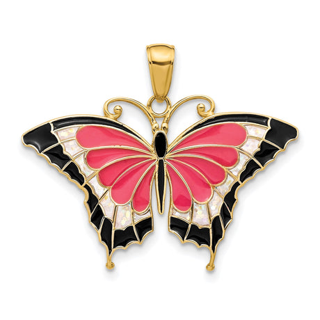 14k Yellow Gold Butterfly Pendant with Pink, Black, and Opalescent Enamel Wings