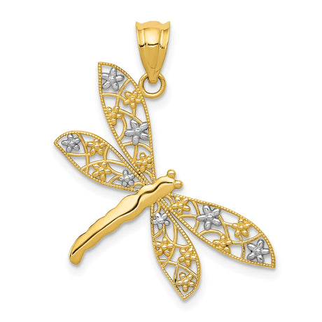 14k Multi-Tone Gold Dragonfly Pendant with Rhodium Floral Filigree Detailing