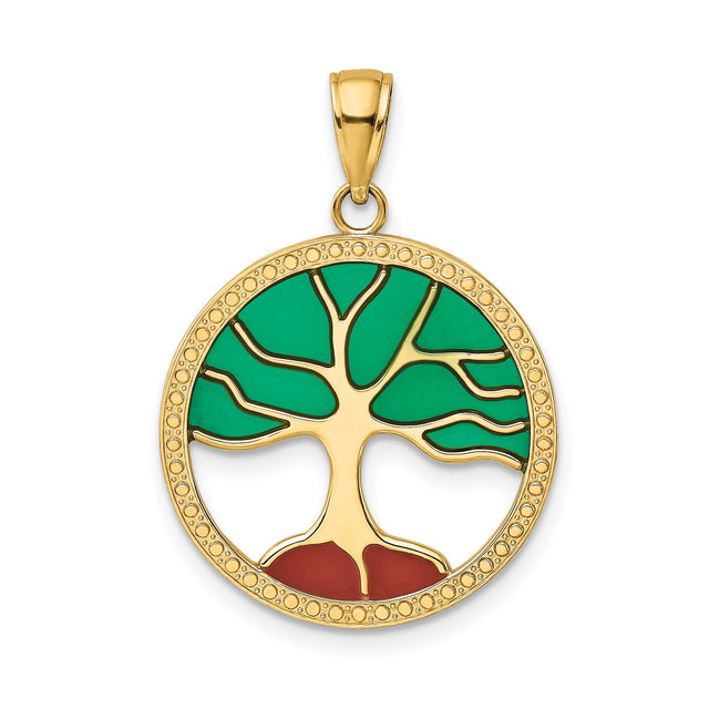 14k Yellow Gold Tree of Life Pendant with Green and Red Enamel, Zen Yoga Inspired Charm for Women