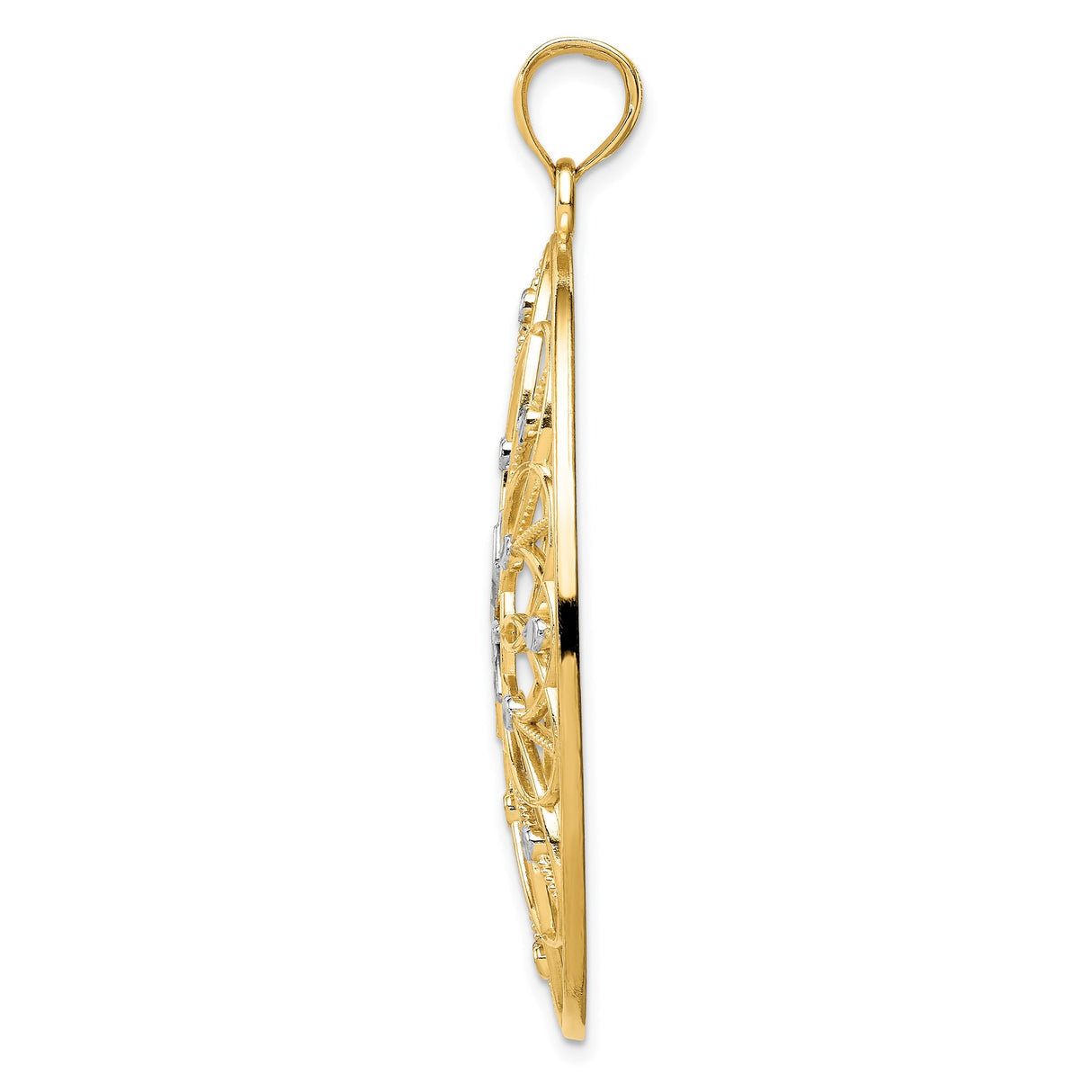 14k Multi-Tone Gold Oval Pendant with Filigree Floral Design and Starburst Center