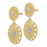 14k Yellow Gold Drop Earrings, Two-Tone Filigree Dangles with Floral Starburst Design
