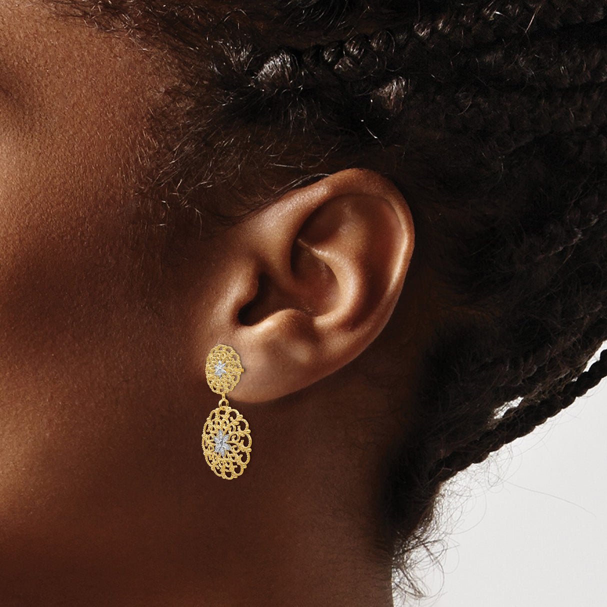 14k Yellow Gold Drop Earrings, Two-Tone Filigree Dangles with Floral Starburst Design