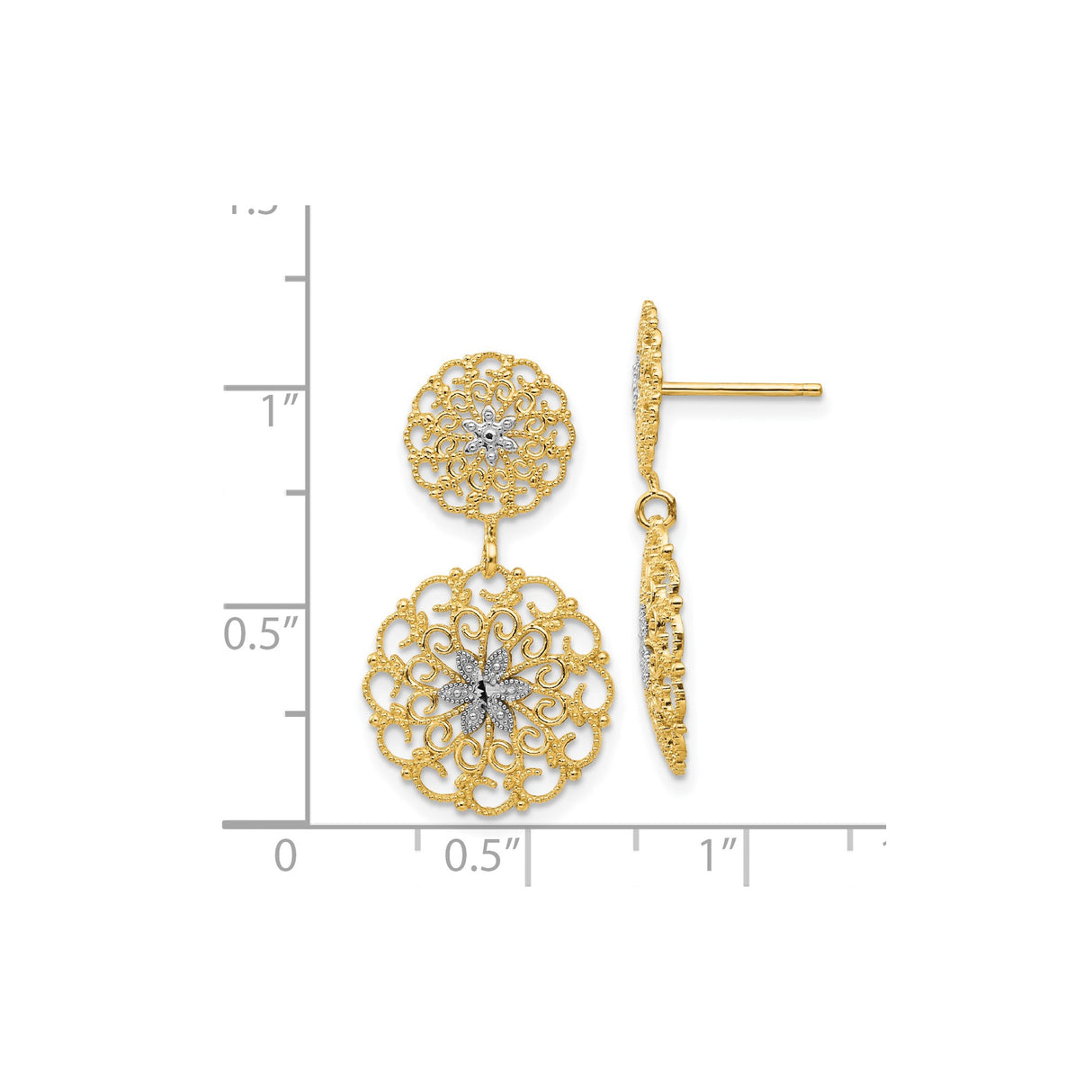 14k Yellow Gold Drop Earrings, Two-Tone Filigree Dangles with Floral Starburst Design