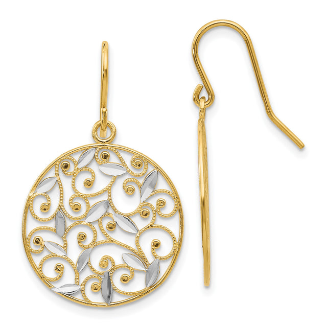 14k Yellow Gold Dangle Earrings with Rhodium Openwork Filigree Floral Vine and Swirl Motifs