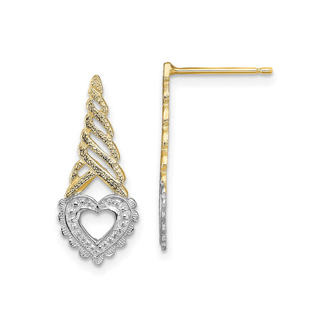 14k Yellow Gold Drop Earrings with Twisted Open Heart Design, Two-Tone Dangle Style