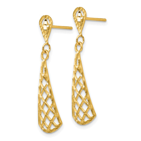 14k Yellow Gold Dangle Earrings with Open Lattice Teardrop Design and Hammered Finish