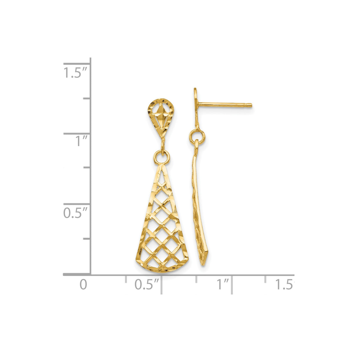 14k Yellow Gold Dangle Earrings with Open Lattice Teardrop Design and Hammered Finish