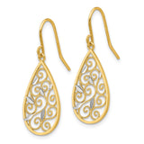 14k Yellow Gold Teardrop Dangle Earrings with Open Filigree Scroll and Leaf Accents