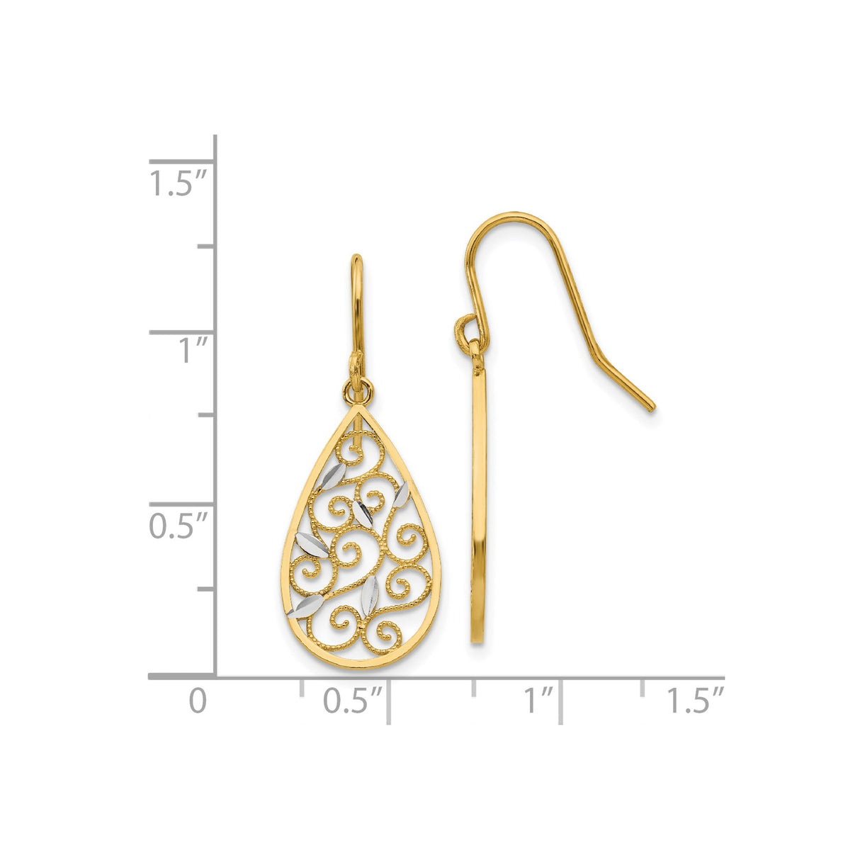 14k Yellow Gold Teardrop Dangle Earrings with Open Filigree Scroll and Leaf Accents