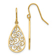 14k Yellow Gold Teardrop Dangle Earrings with Open Filigree Scroll and Leaf Accents