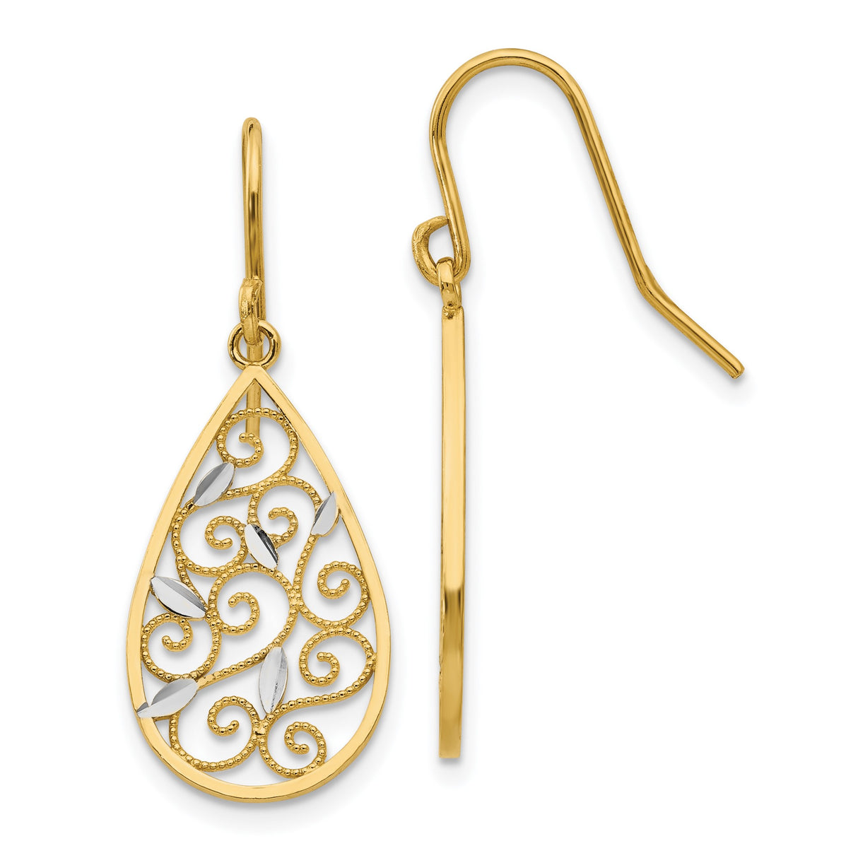 14k Yellow Gold Teardrop Dangle Earrings with Open Filigree Scroll and Leaf Accents