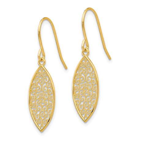 14k Yellow Gold Dangle Earrings with Marquise Filigree Scrollwork Design, Vintage Style for Women