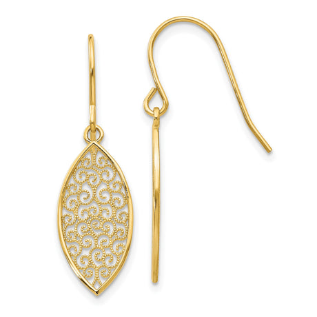 14k Yellow Gold Dangle Earrings with Marquise Filigree Scrollwork Design, Vintage Style for Women