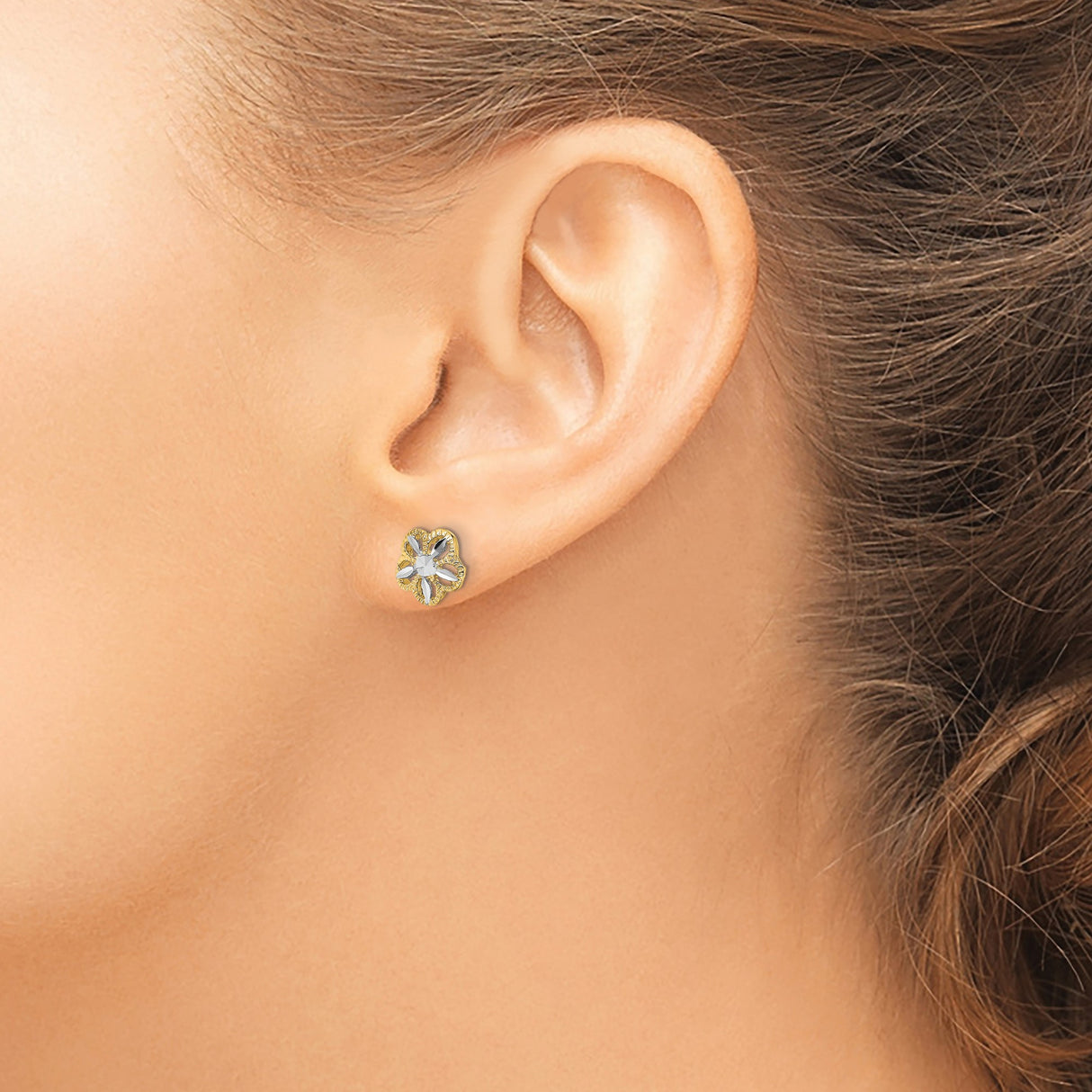14k Yellow Gold Stud Earrings with Rhodium Accents, Textured Flower Design, Polished Matte Finish