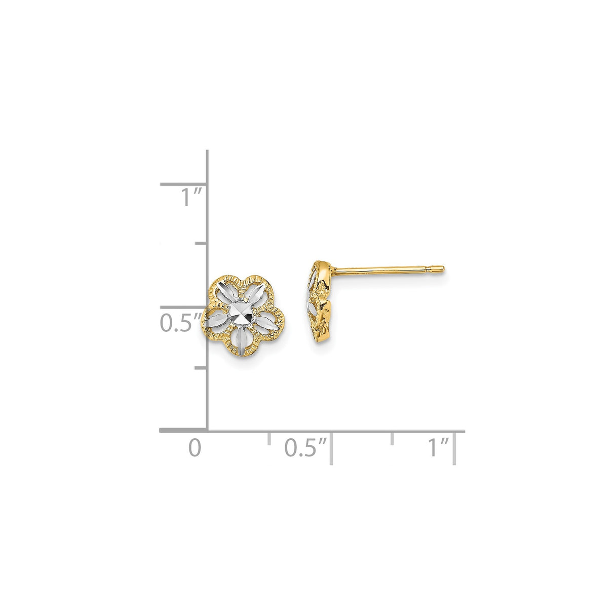 14k Yellow Gold Stud Earrings with Rhodium Accents, Textured Flower Design, Polished Matte Finish