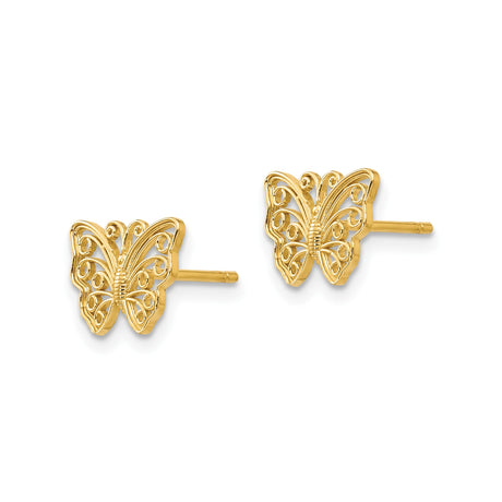 14k Yellow Gold Butterfly Stud Earrings, Filigree Openwork Design, Nature-Inspired