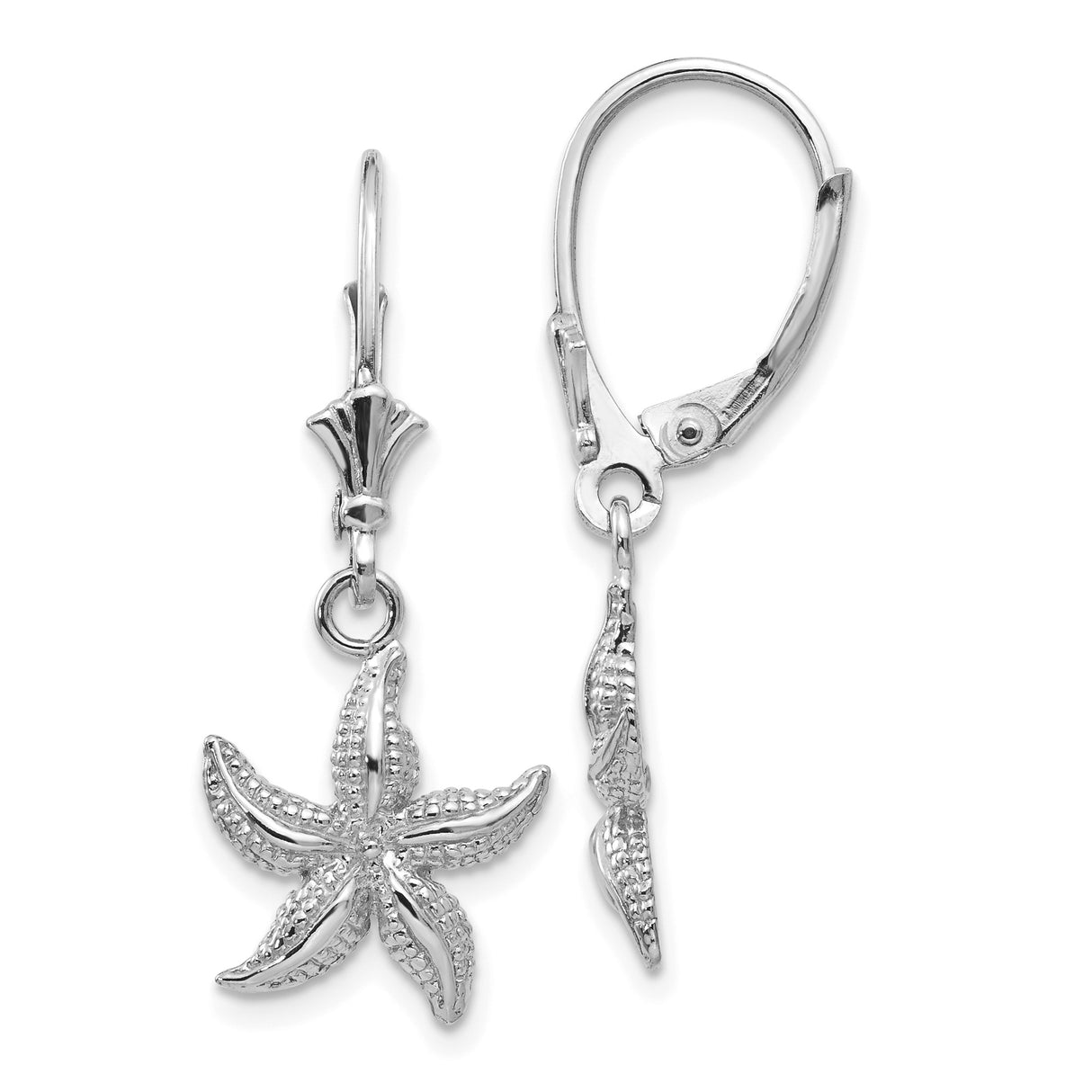 14k White Gold Starfish Dangle Leverback Earrings, Textured Nautical Ocean Design