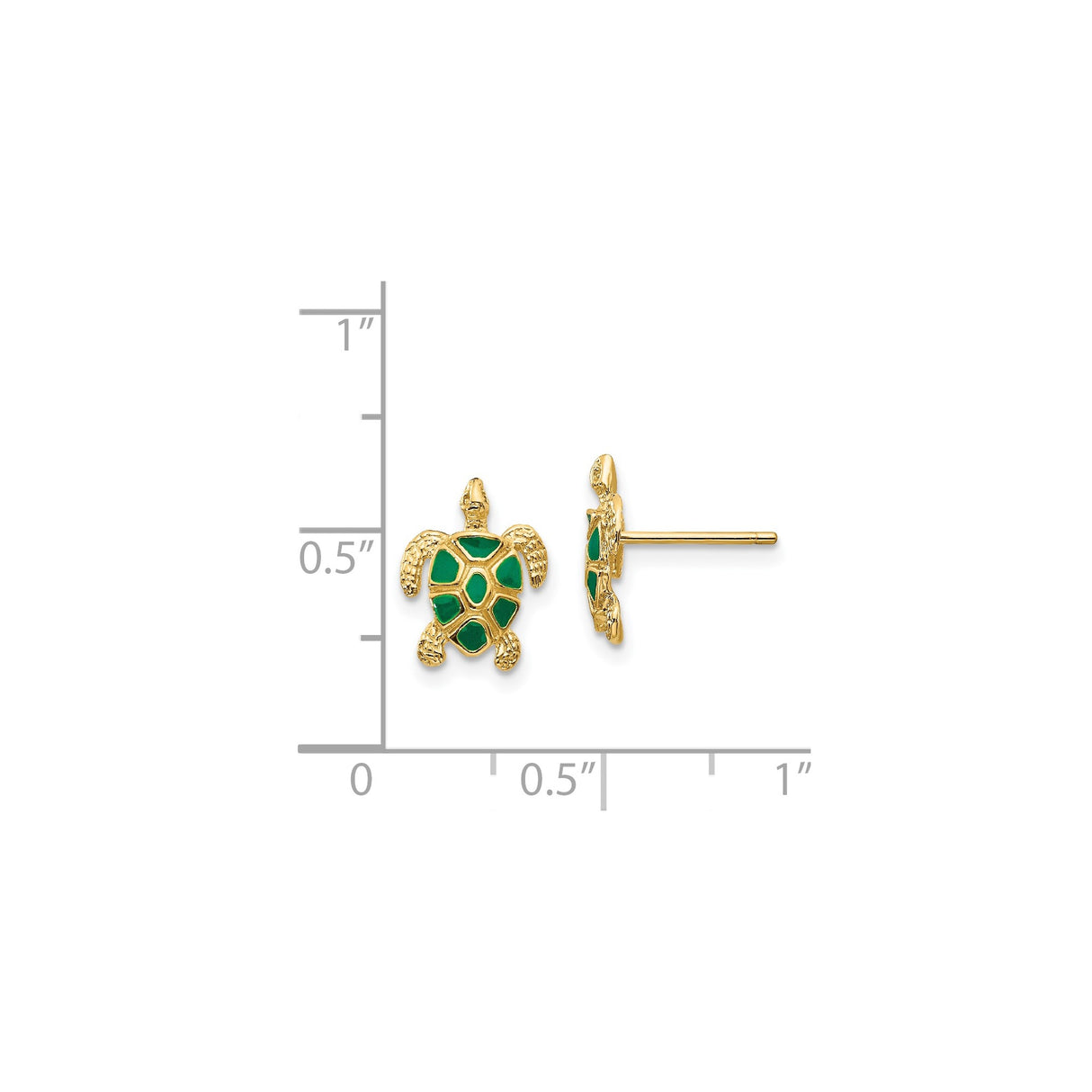 14k Yellow Gold Sea Turtle Stud Earrings with Green Enamel Shell Detail, Ocean Theme Jewelry