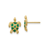 14k Yellow Gold Sea Turtle Stud Earrings with Green Enamel Shell Detail, Ocean Theme Jewelry