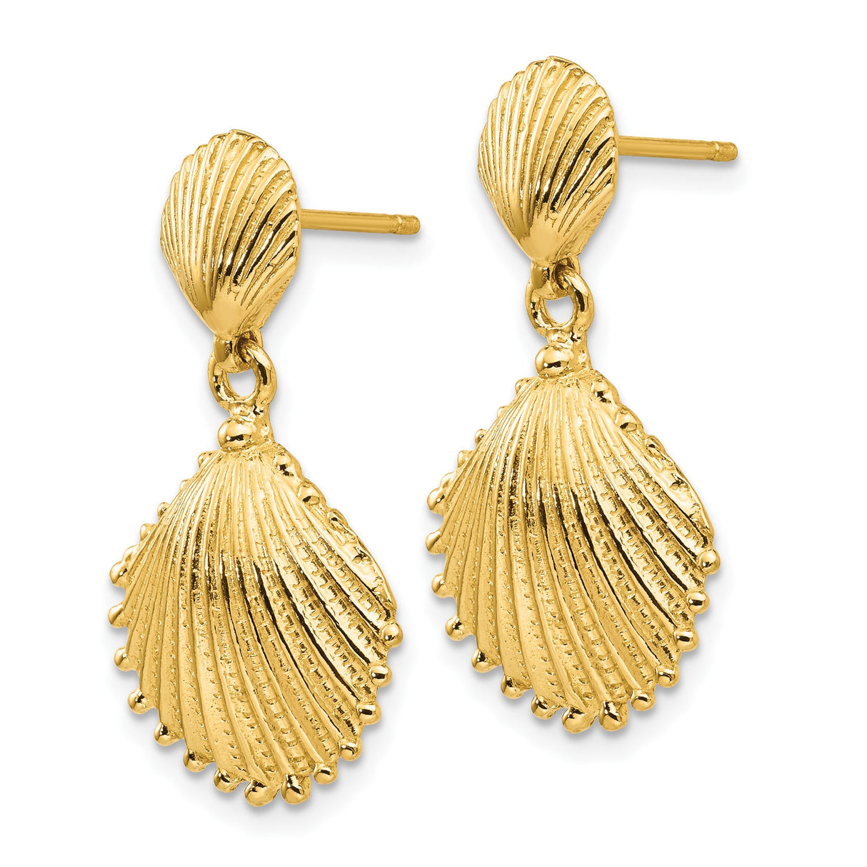 14k Yellow Gold Dangle Earrings with Scallop and Seashell Motifs, Ocean-Inspired Coastal Style