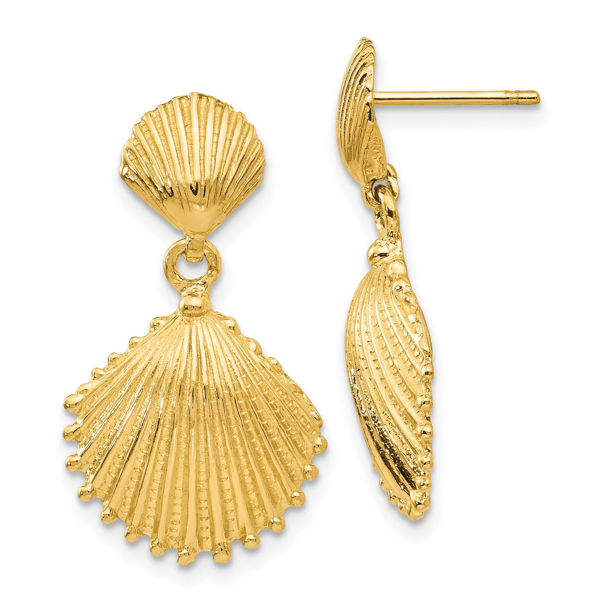 14k Yellow Gold Dangle Earrings with Scallop and Seashell Motifs, Ocean-Inspired Coastal Style
