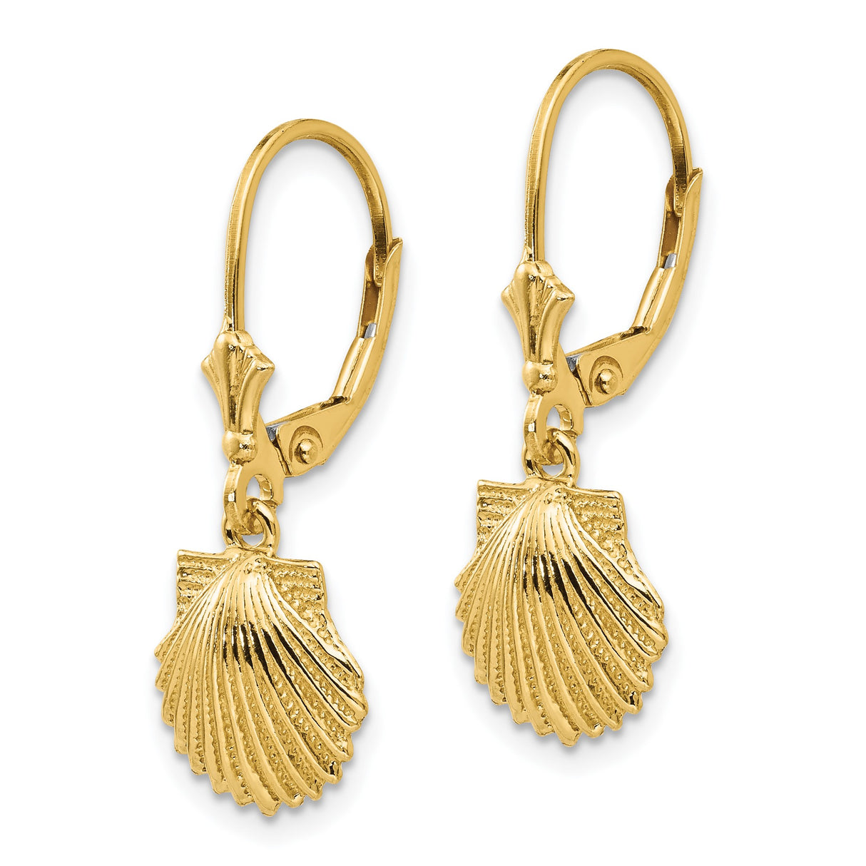 14k Yellow Gold Scallop Shell Dangle Earrings, Leverback Coastal Theme, Camino de Santiago Charm