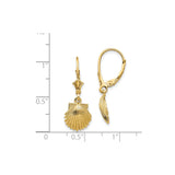 14k Yellow Gold Scallop Shell Dangle Earrings, Leverback Coastal Theme, Camino de Santiago Charm