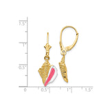 14k Yellow Gold Leverback Earrings with Conch Shell Charms, Pink and White Enamel, Nautical Style