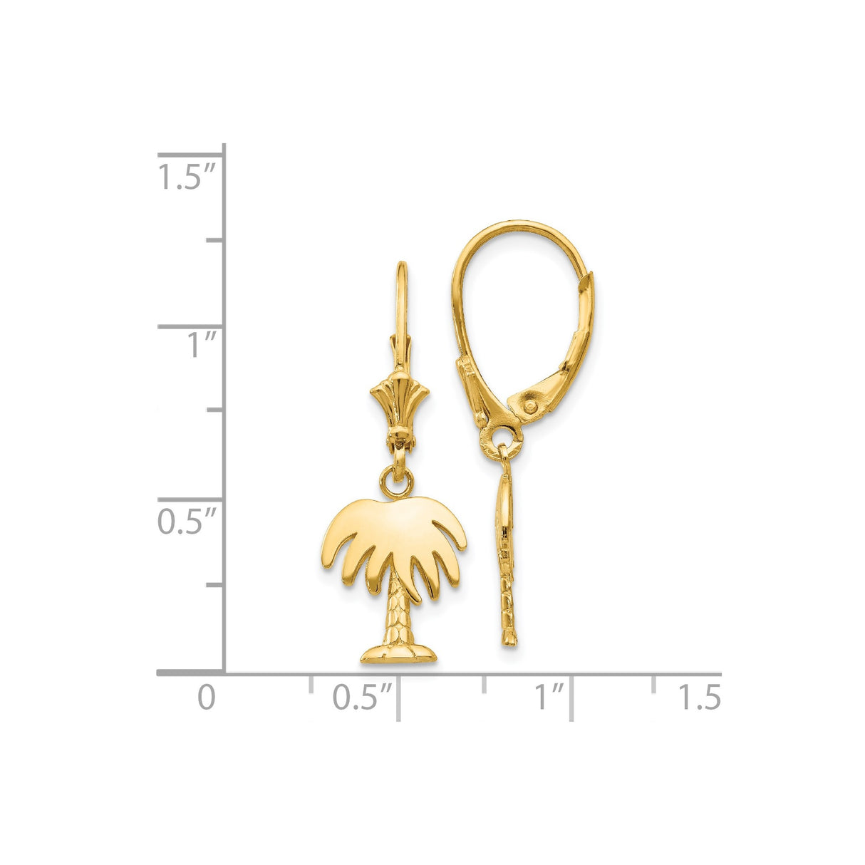 14k Yellow Gold Dangle Earrings with Polished Palm Tree Charm, Leverback Design