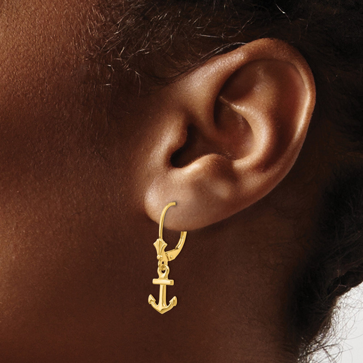 14k Yellow Gold Anchor Dangle Earrings, Nautical Theme Symbolizing Hope and Strength