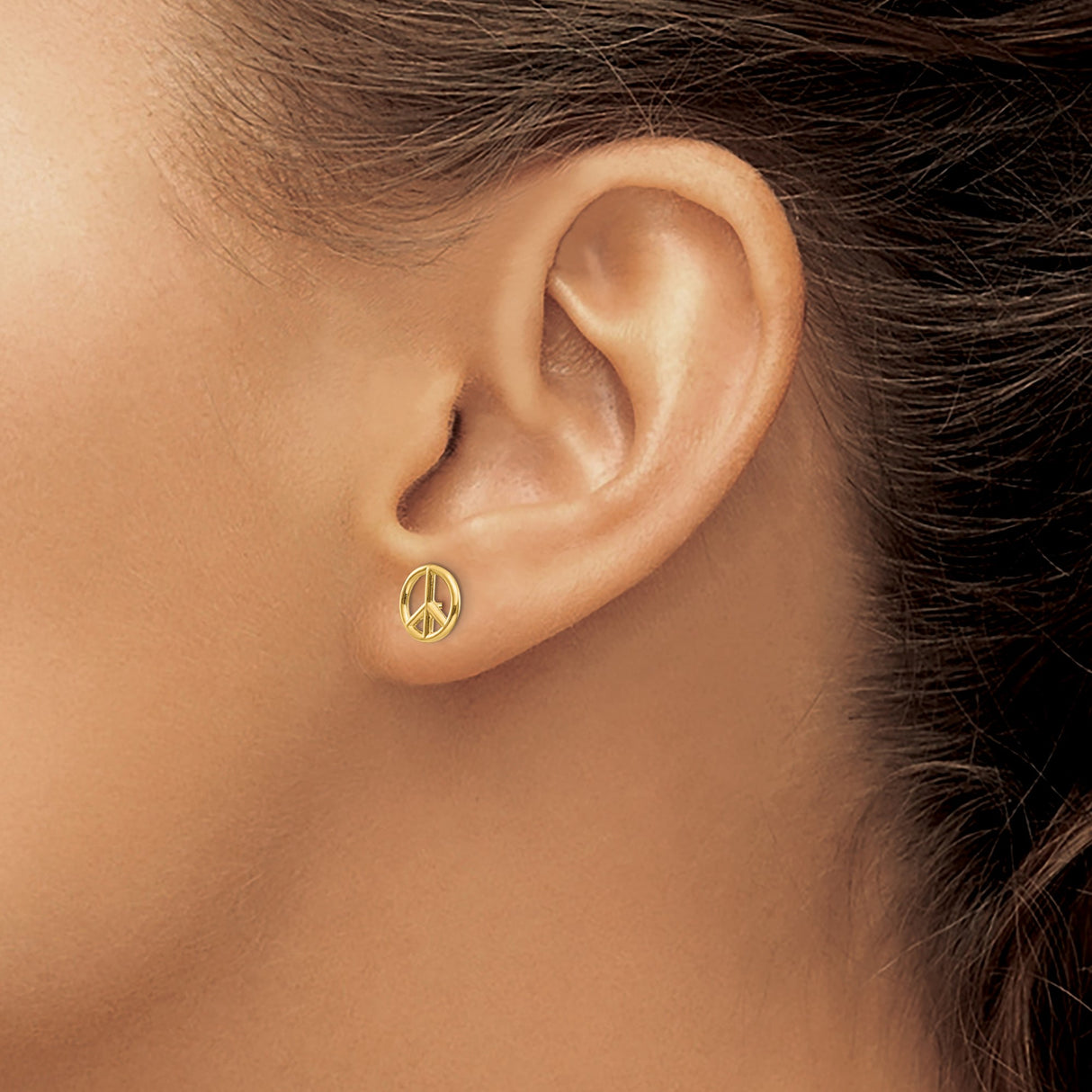 14k Yellow Gold Peace Sign Stud Earrings, Openwork Retro Boho Style for Women or Unisex