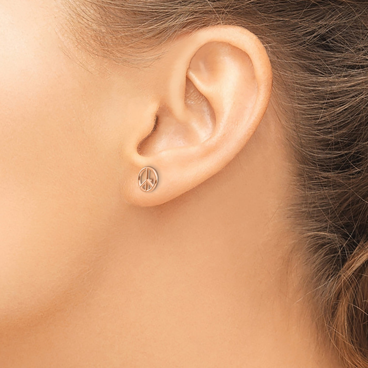14k Two-Tone Gold Peace Sign Stud Earrings, Polished Rose Gold on Yellow Gold Posts