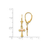 14k Yellow Gold Cross Pendant Earrings with Heart Charm and Flared Edges, Multi-Tone Design