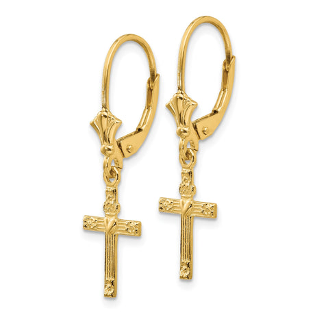 14k Yellow Gold Cross Pendant with Heart Center and Textured Floral Motif