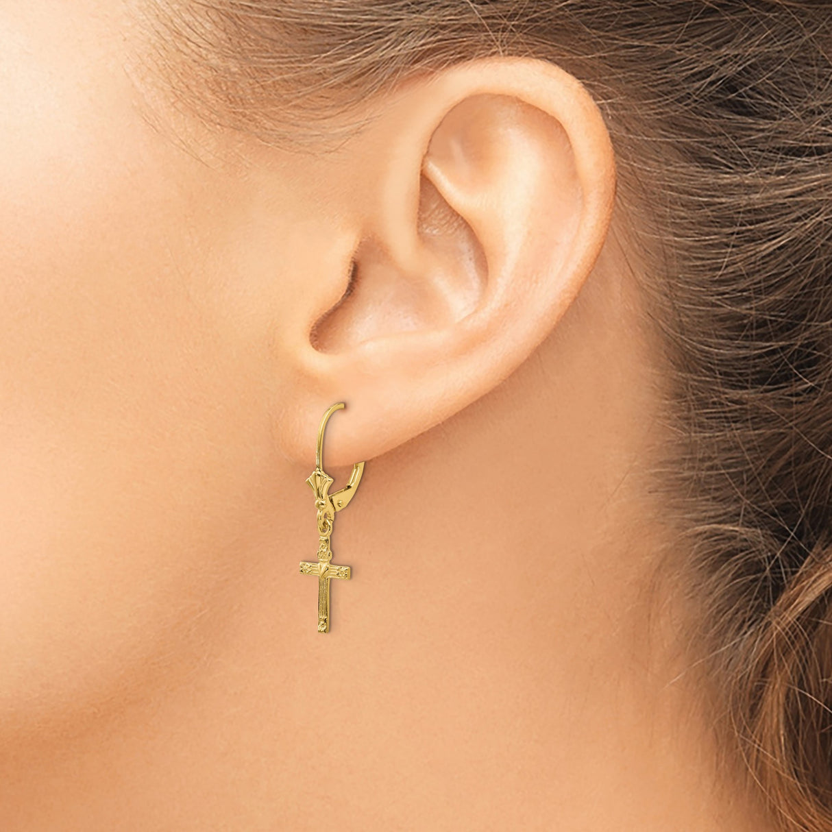 14k Yellow Gold Cross Pendant with Heart Center and Textured Floral Motif