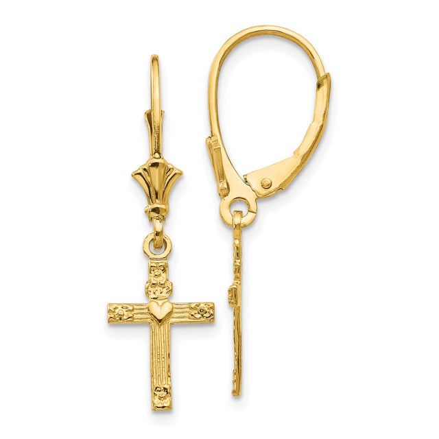 14k Yellow Gold Cross Pendant with Heart Center and Textured Floral Motif