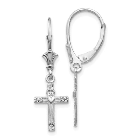 14k White Gold Cross Pendant and Leverback Earrings Set with Heart Detail