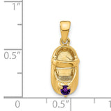 3-D February Synthetic Stone Engravable Baby Shoe Charm Pendant in Real 14k Yellow Gold