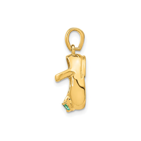 14k Yellow Gold Baby Shoe Pendant with Synthetic Emerald, May Birthstone Charm