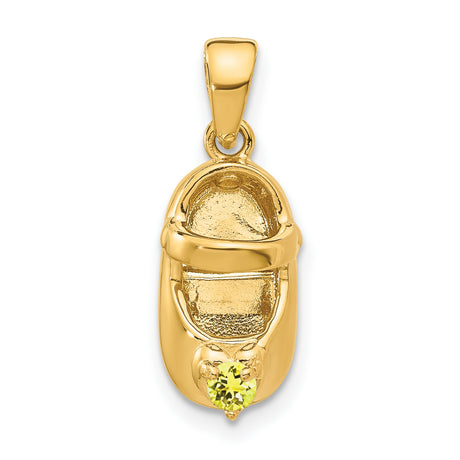 14k Yellow Gold Baby Shoe Pendant with Light Green Synthetic Birthstone, Engravable Charm