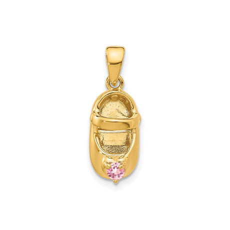 14k Yellow Gold Baby Shoe Pendant with Pink Synthetic Birthstone, Motherhood Keepsake Charm