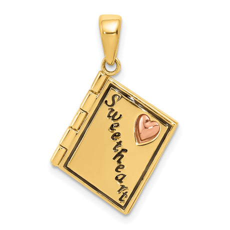 14k Two Tone Gold Sweetheart Book Locket Pendant with Rose Gold Heart Charm