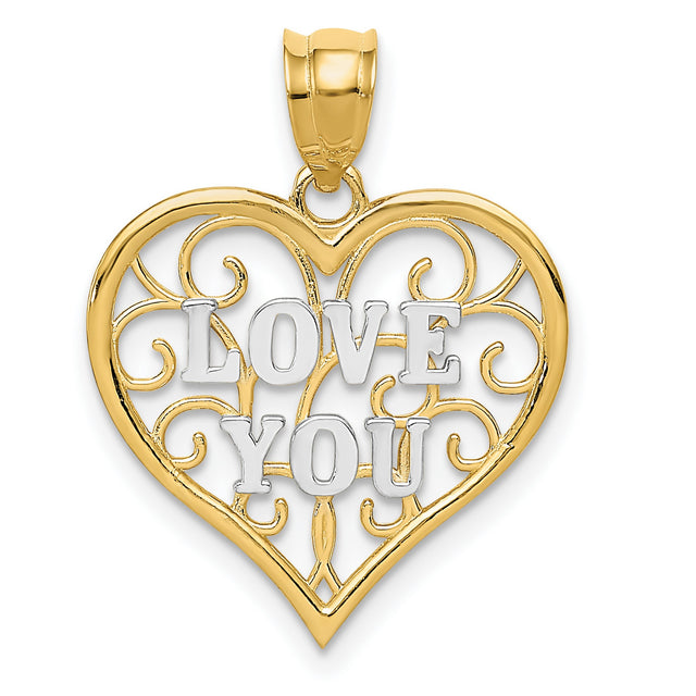 Filigree Love You Heart Charm Pendant in Real 14k Multi-Tone Gold