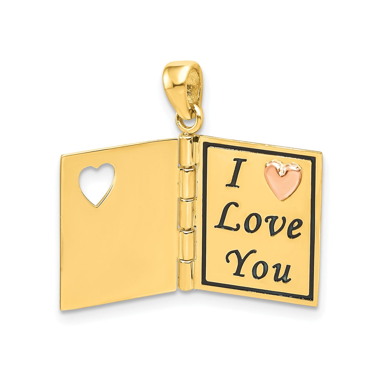 14k Two-Tone Gold Book Pendant with Rose Gold Heart and Dearest Mom Engraving