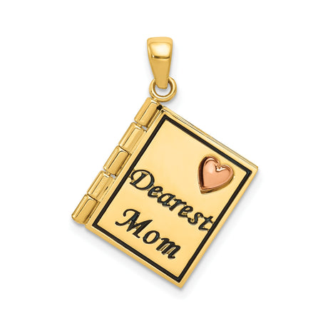 14k Two-Tone Gold Book Pendant with Rose Gold Heart and Dearest Mom Engraving