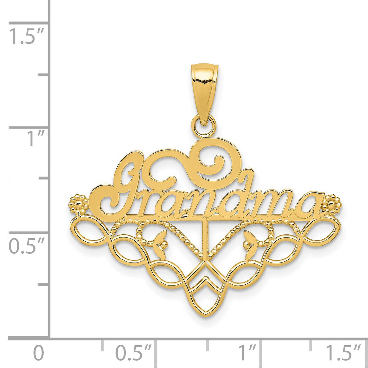14k Yellow Gold Grandma Pendant with Heart, Floral Detail, and Scroll Design