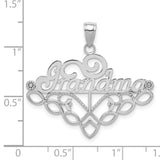 14k White Gold Grandma Pendant with Script and Floral Filigree Detailing