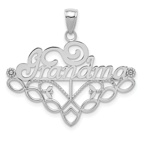 14k White Gold Grandma Pendant with Script and Floral Filigree Detailing