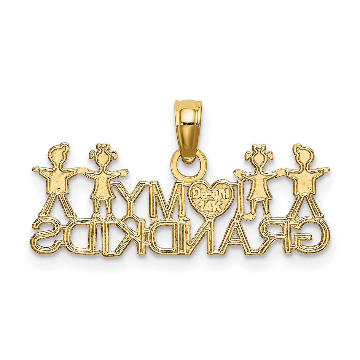 14k Yellow Gold Pendant with Heart and Kids Figures, I Love My Grandkids Charm for Grandma