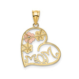 14k Tri-Color Gold Heart Mom Pendant with Rose, White, and Yellow Gold Floral Design